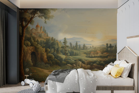 Vintage european landscape wallpaper with a sunset river scene.