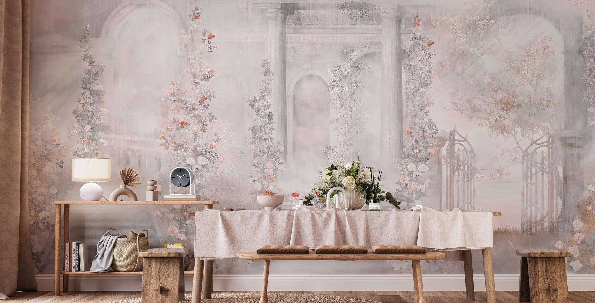 Vintage floral beauty wallpaper mural with pastel garden arches.