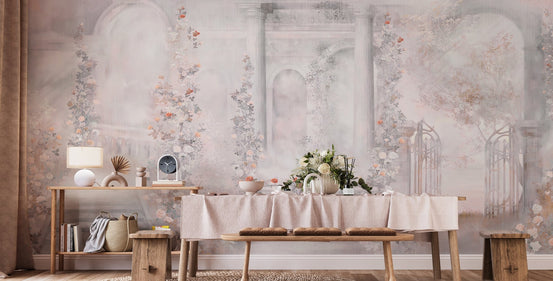 Vintage floral beauty wallpaper mural with pastel garden arches.
