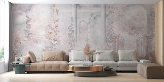 Antique inspired floral wallpaper with architectural columns.