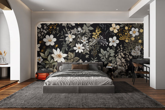 Classic floral wallpaper featuring mustard yellow and cream petals in a repeating pattern.