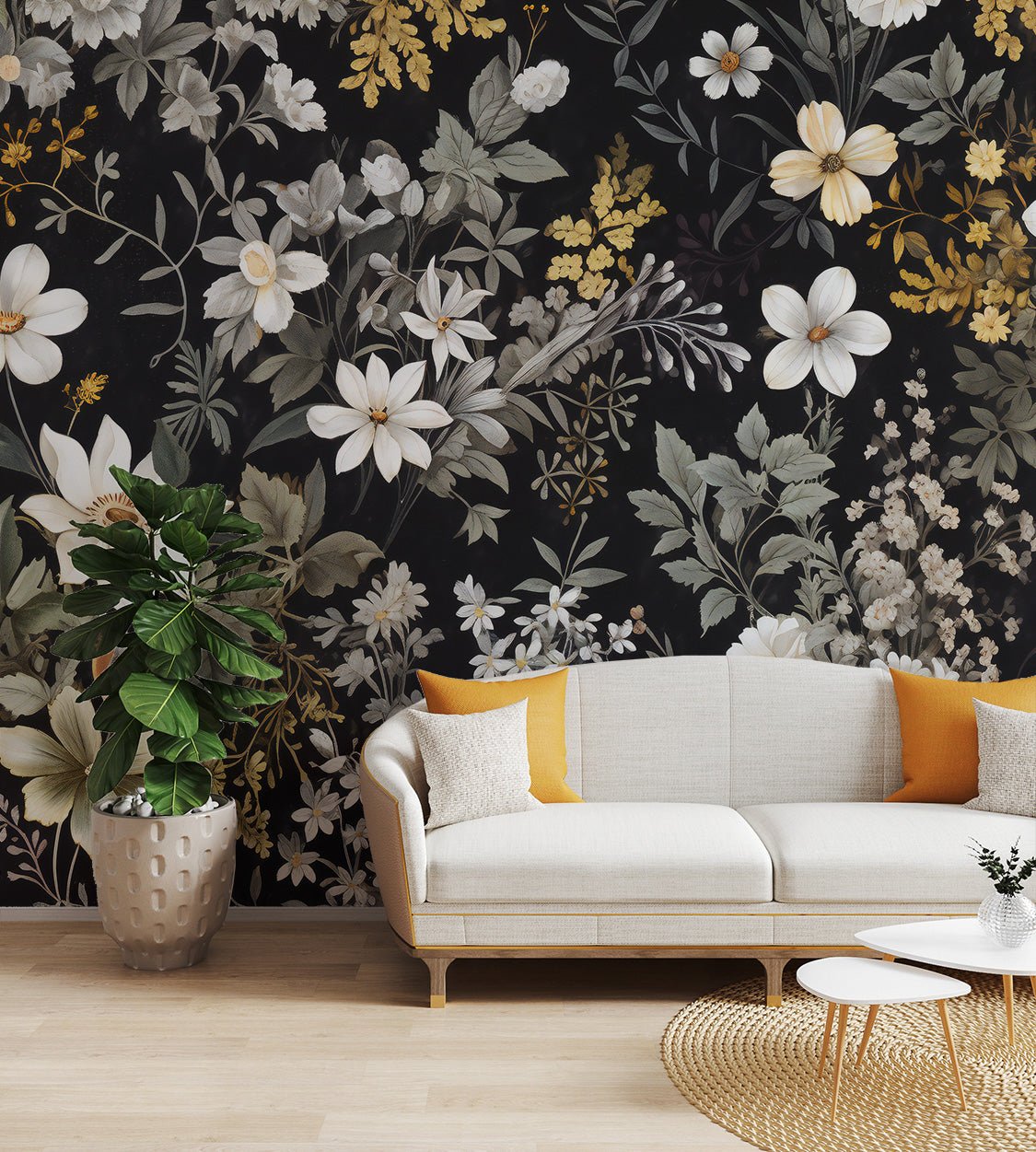 Vintage floral botanical wallpaper with white blossoms on a dark background wall mural.