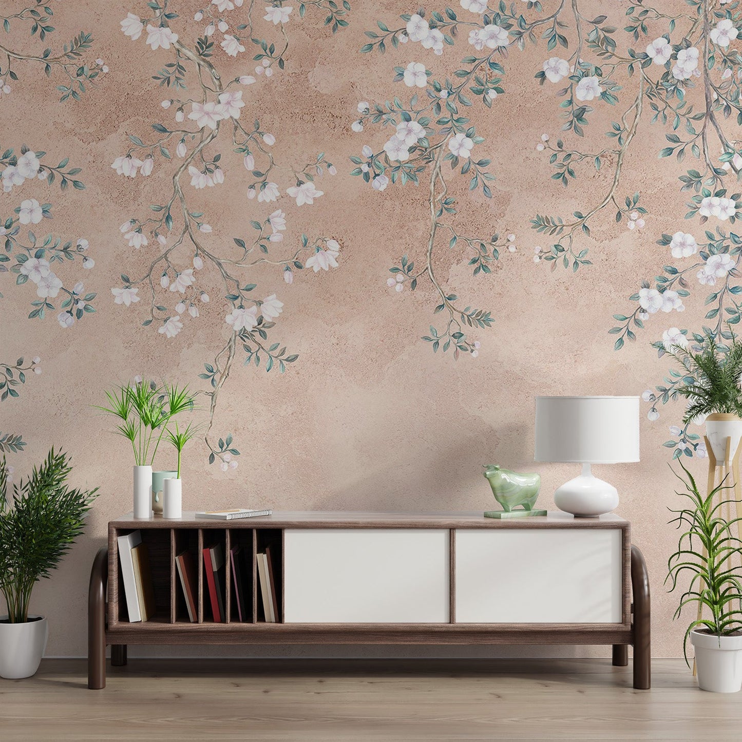 Antique floral wall mural with a textured peach finish for hallway use.