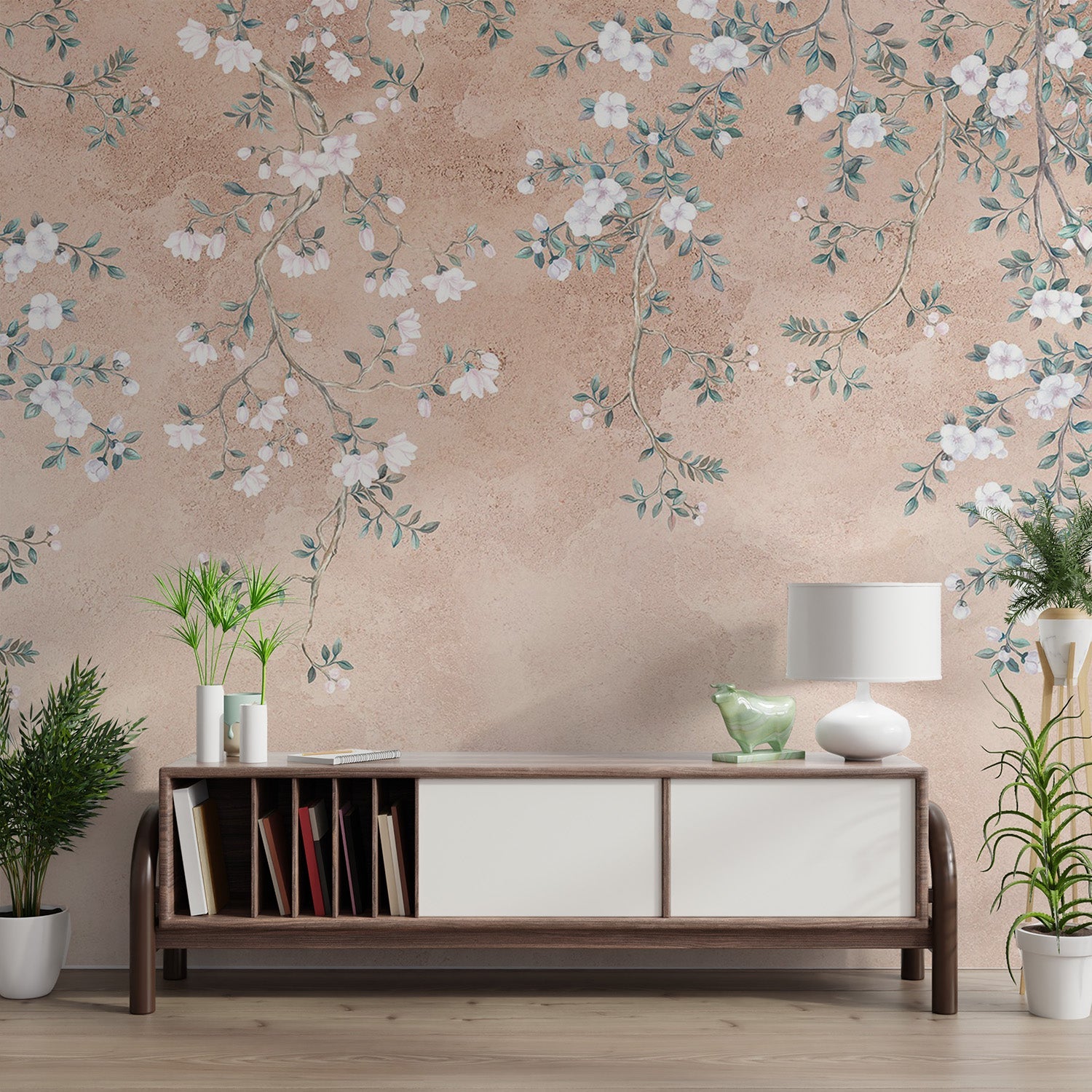 Antique floral wall mural with a textured peach finish for hallway use.