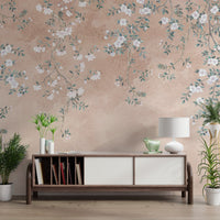 Antique floral wall mural with a textured peach finish for hallway use.