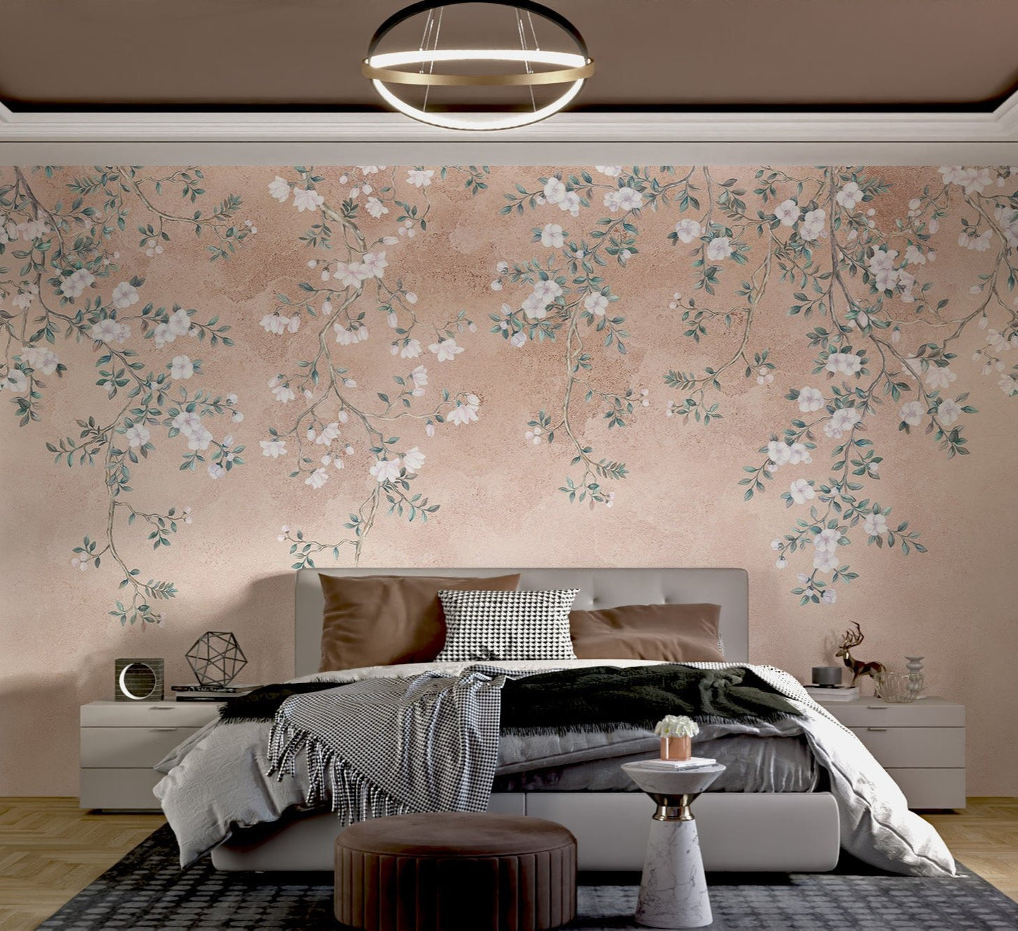 Vintage cherry blossom wall mural in a pastel terracotta color palette.
