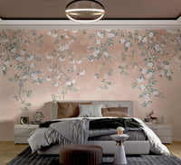 Vintage cherry blossom wall mural in a pastel terracotta color palette.
