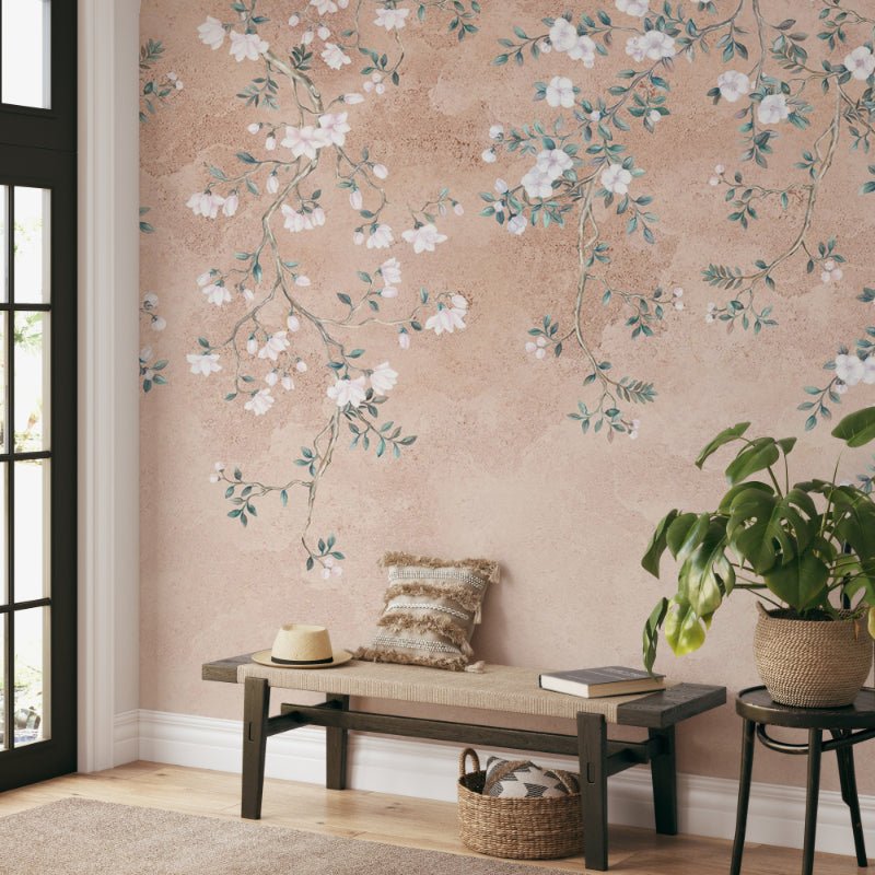 Botanical wall mural featuring drooping white flower branches.