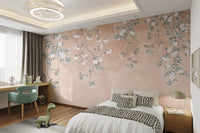 Traditional floral wall mural with white petals and grey green leaves.