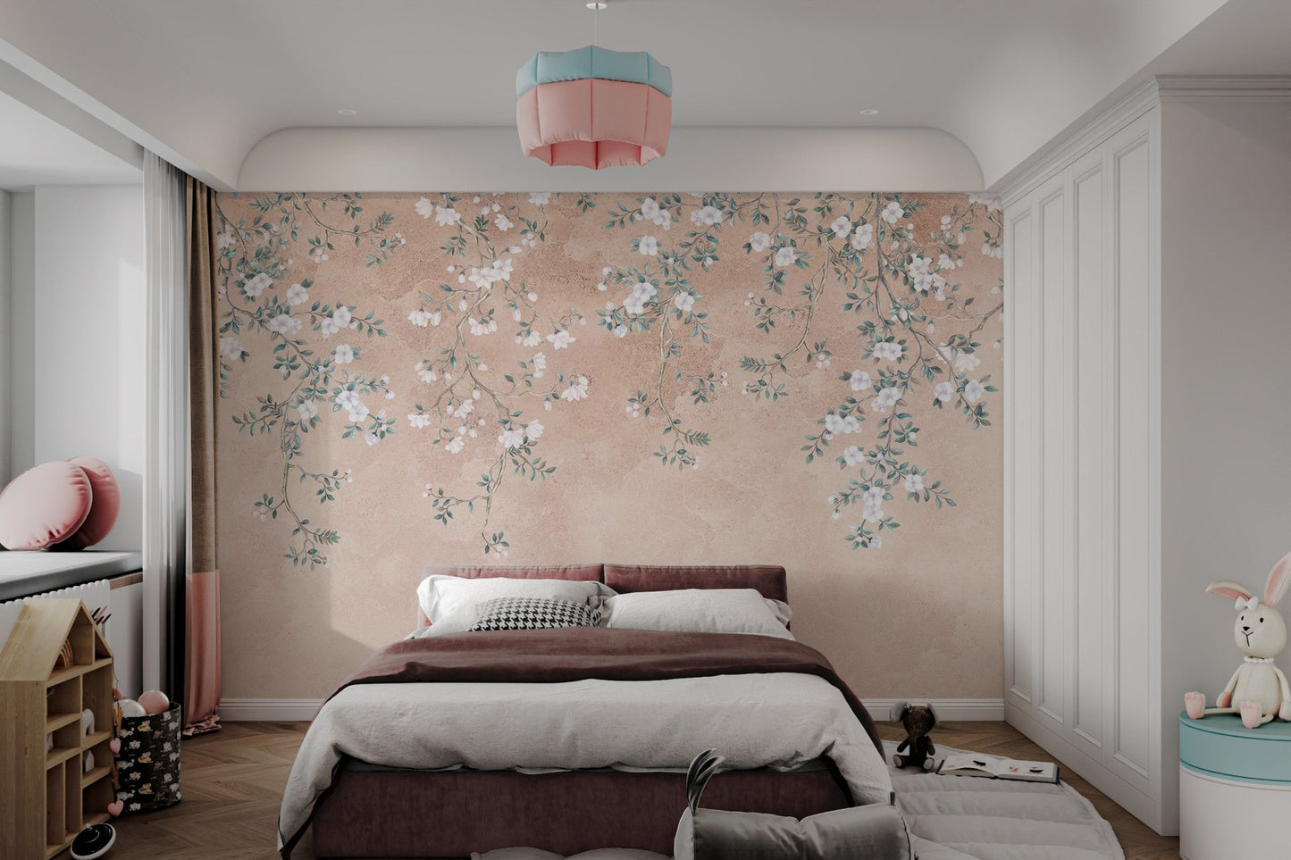 Vintage style wall mural with botanical floral sketches on terracotta.