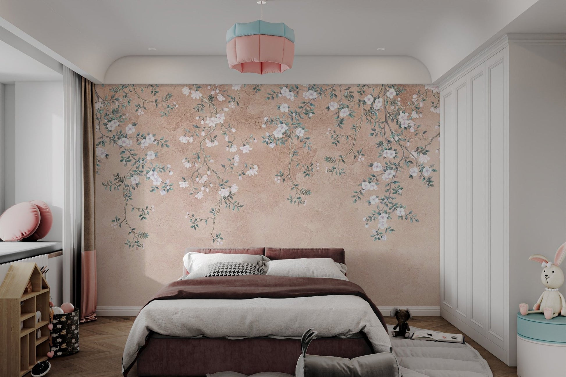 Vintage style wall mural with botanical floral sketches on terracotta.