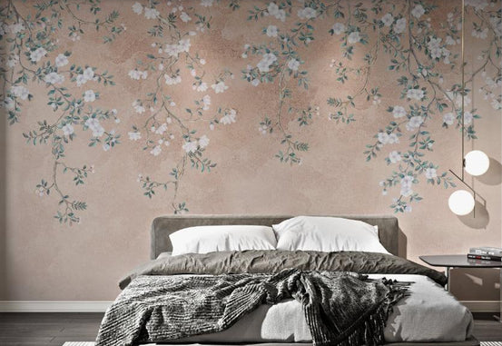 White blossom wall mural for a classic bedroom with terracotta textured.
