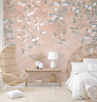 Subtle peach blossom wall mural featuring small white flowers and leaves.