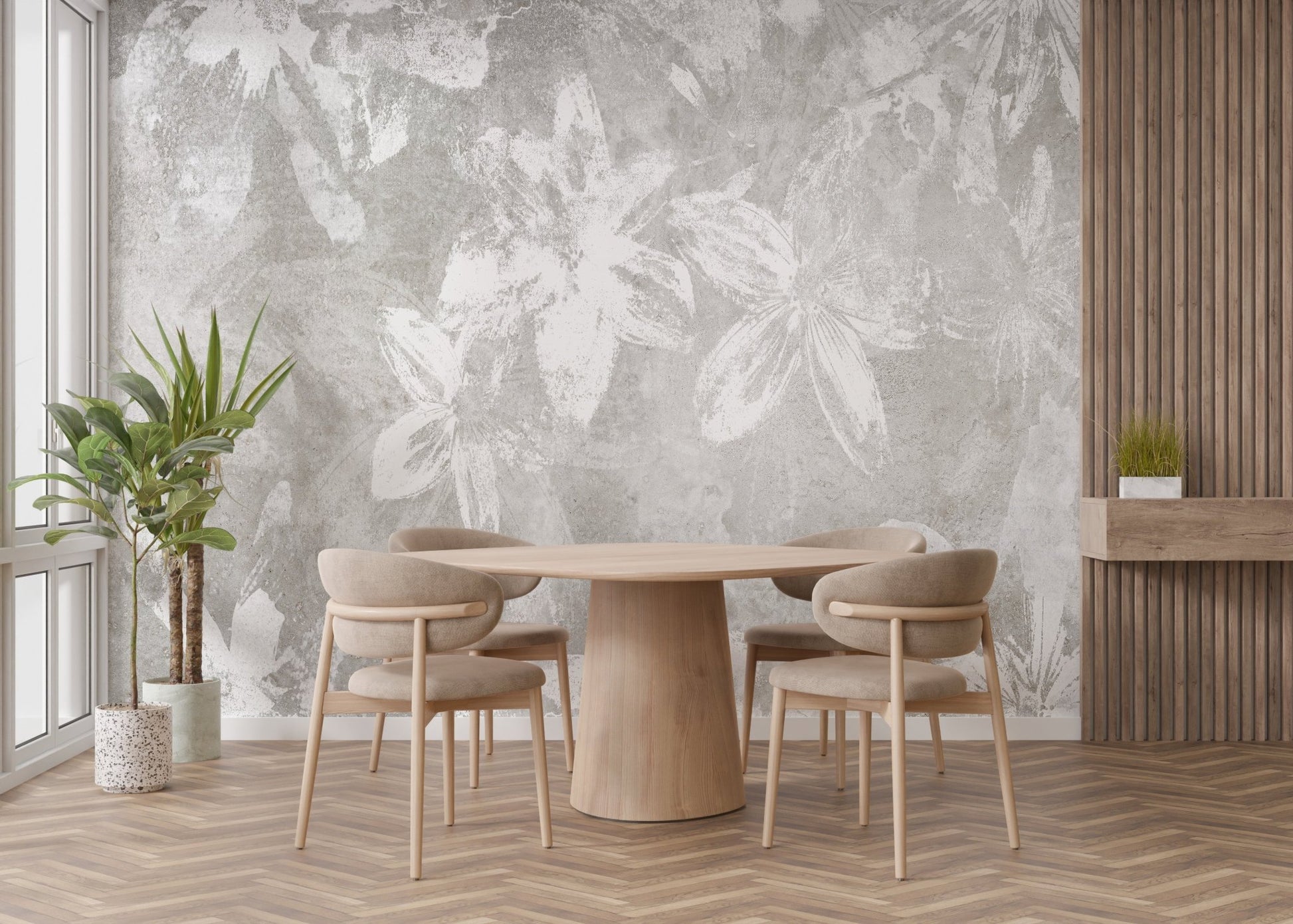 Vintage Floral Charm Wallpaper used in a minimalist wooden dining area.