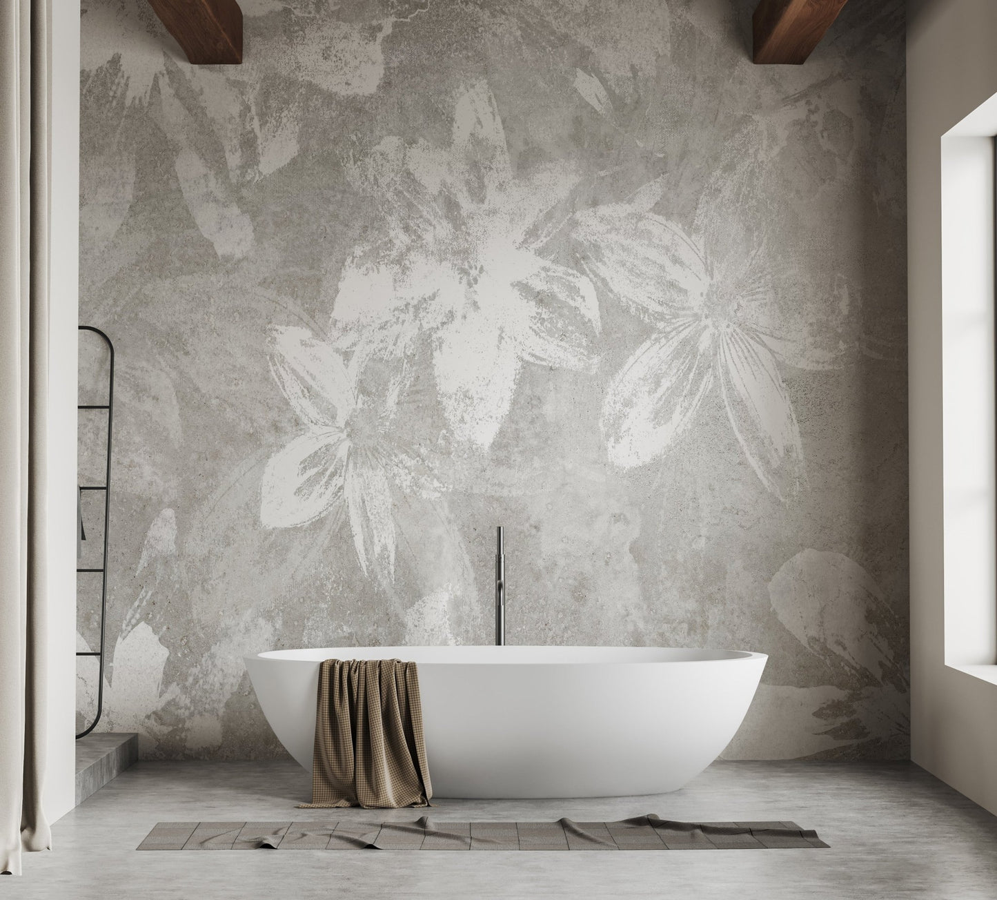 Grey leaf pattern wall mural in a white luxury bathroom with a tub.