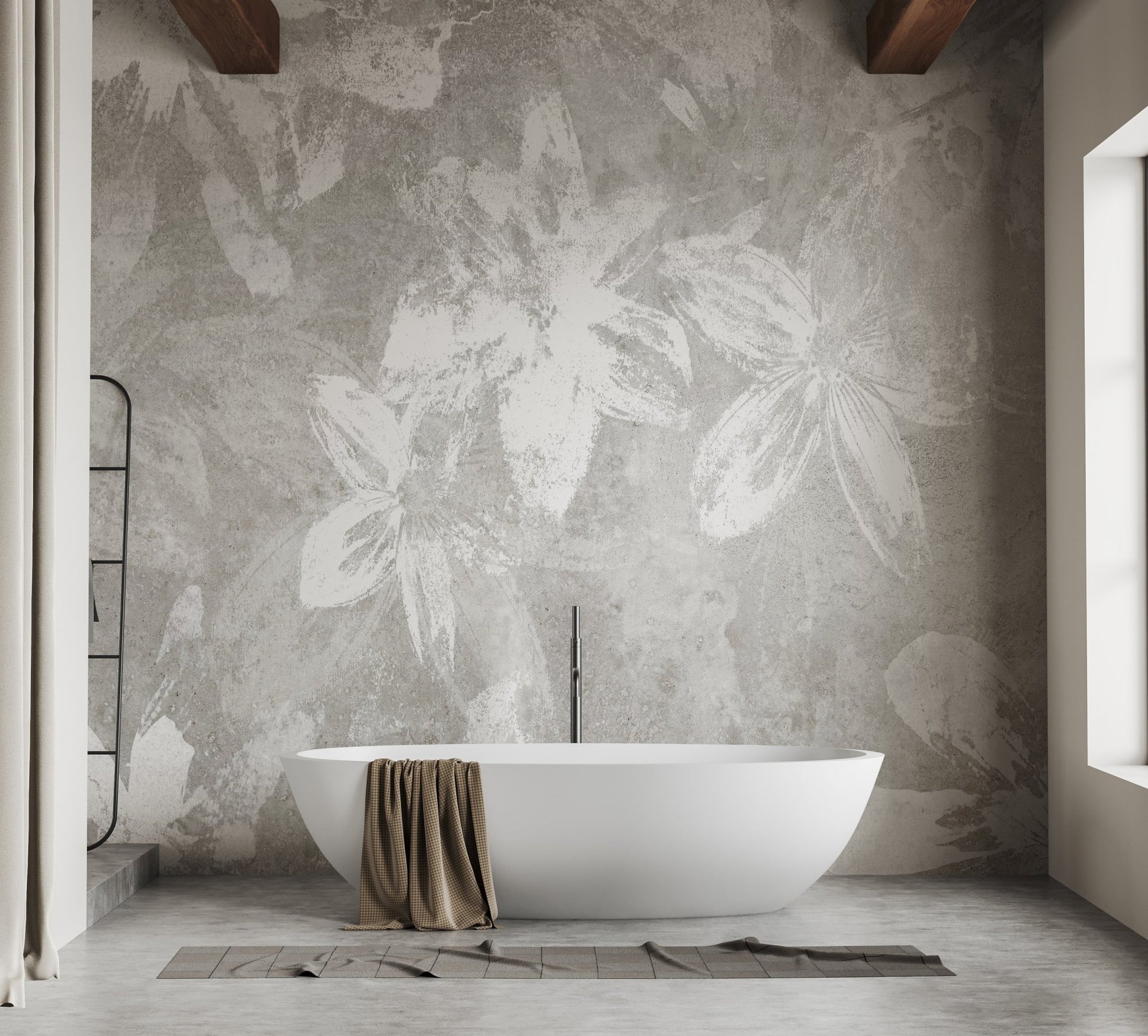 Grey leaf pattern wall mural in a white luxury bathroom with a tub.