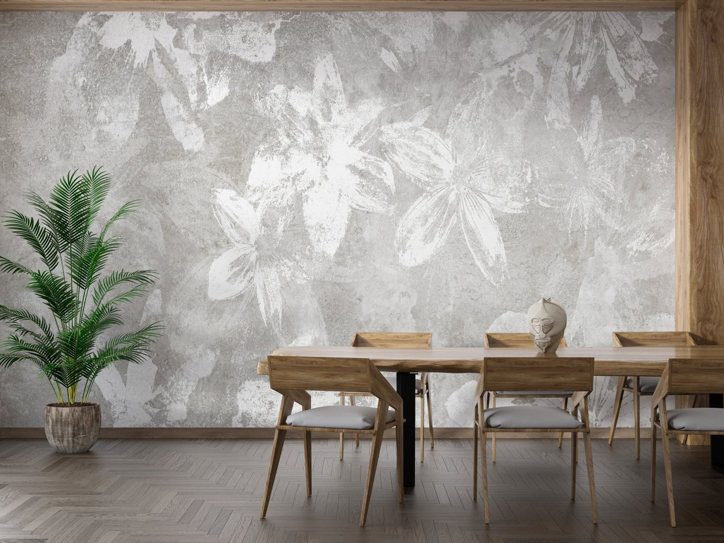 Vintage Floral Charm Wallpaper in a wooden dining room with green plants.