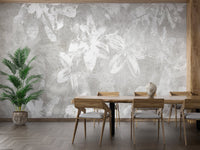 Vintage Floral Charm Wallpaper in a wooden dining room with green plants.