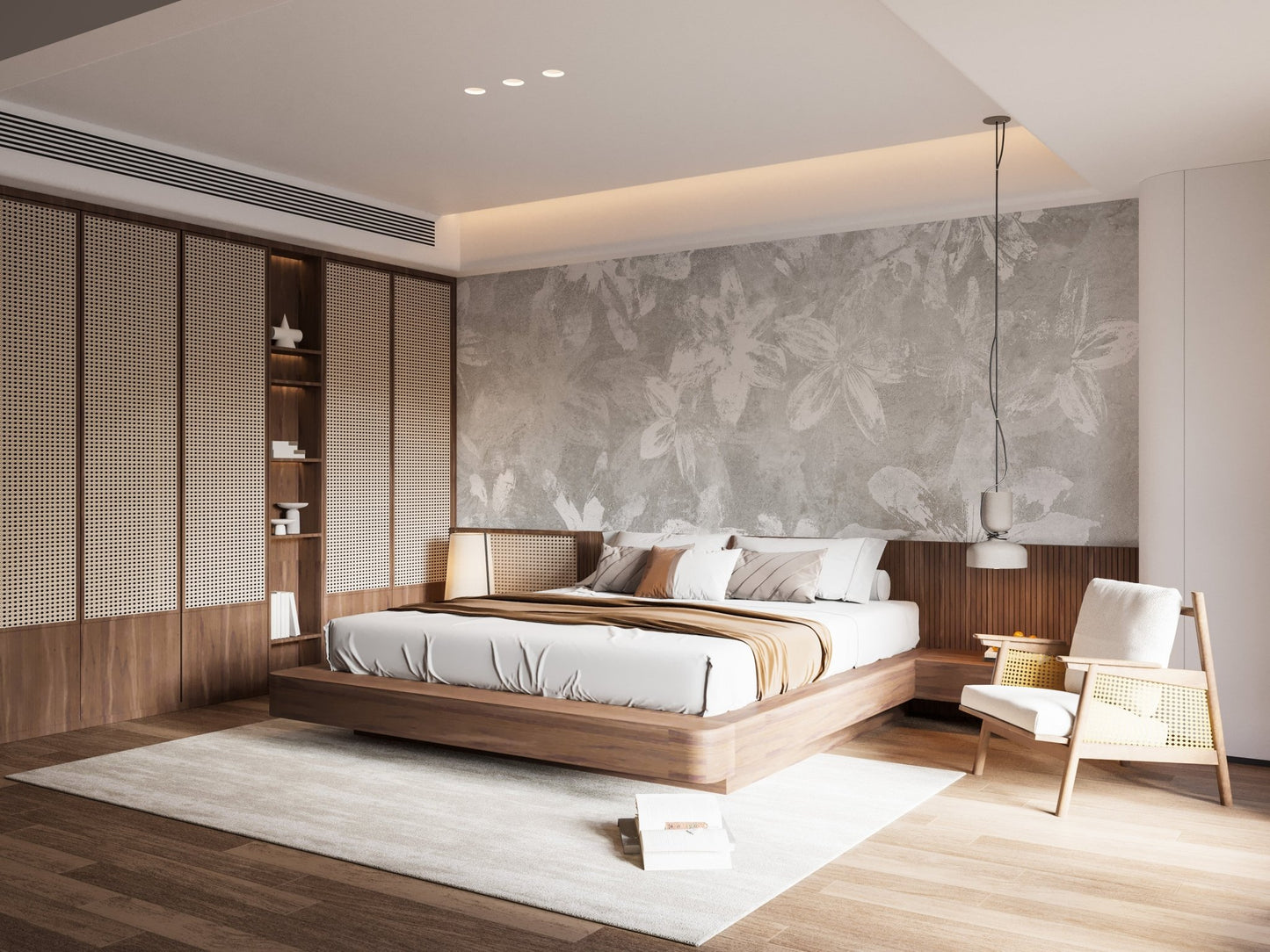Vintage Floral Charm Wallpaper behind a bed in a warm, modern bedroom.