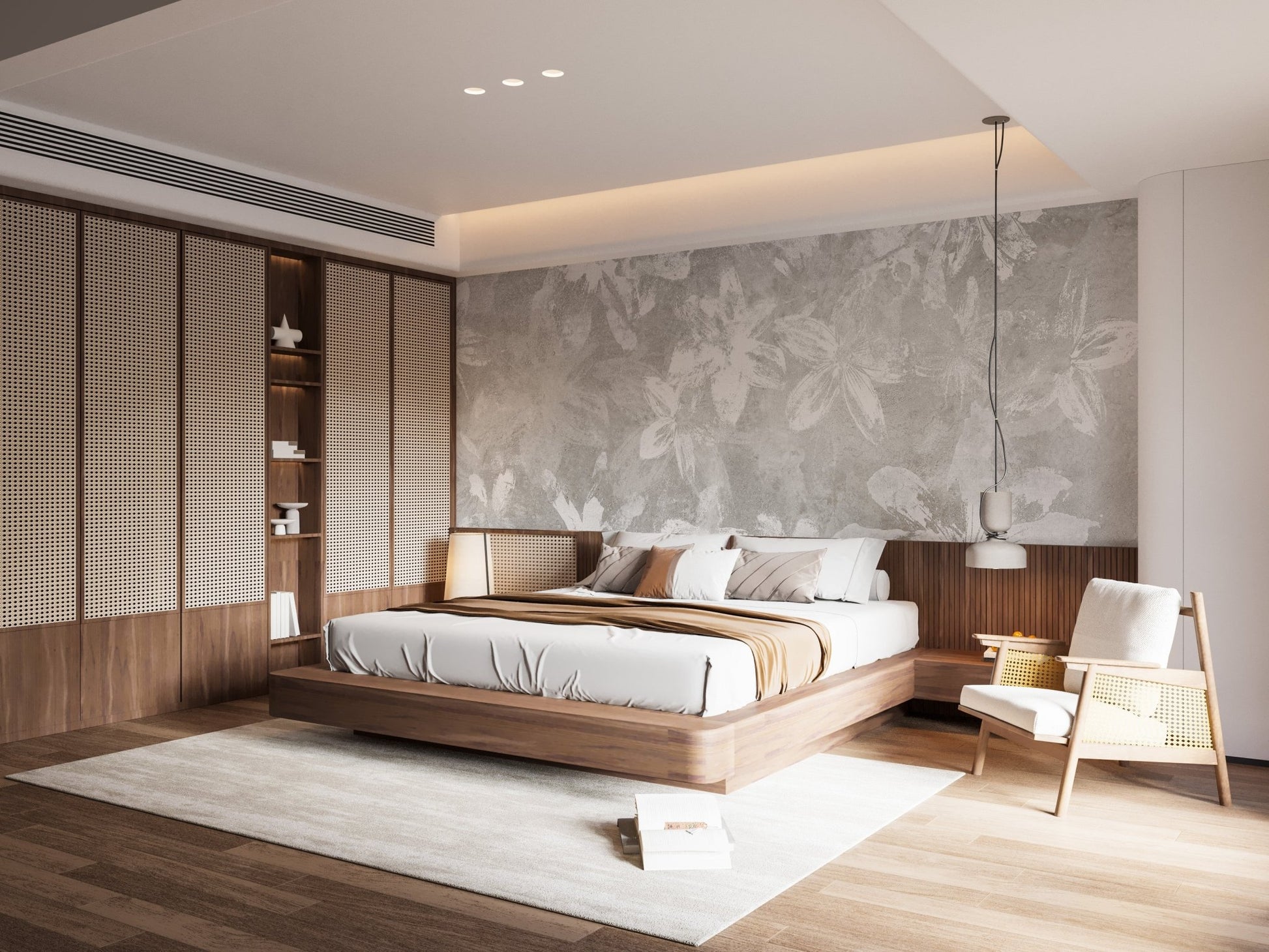 Vintage Floral Charm Wallpaper behind a bed in a warm, modern bedroom.