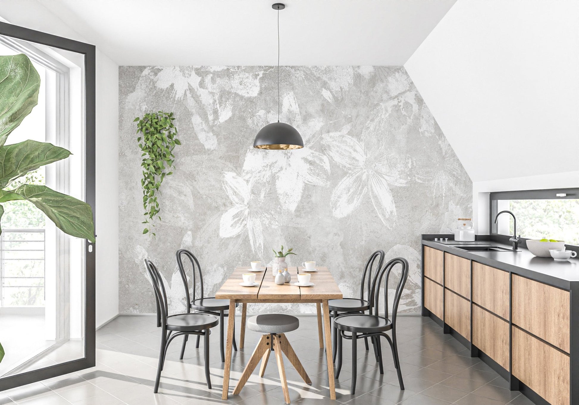 Vintage Floral Charm Wallpaper in a contemporary kitchen and dining space.