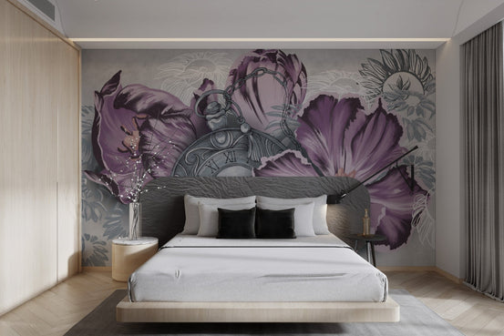 Purple floral wallpaper featuring a vintage pocket watch and blooming tulips.