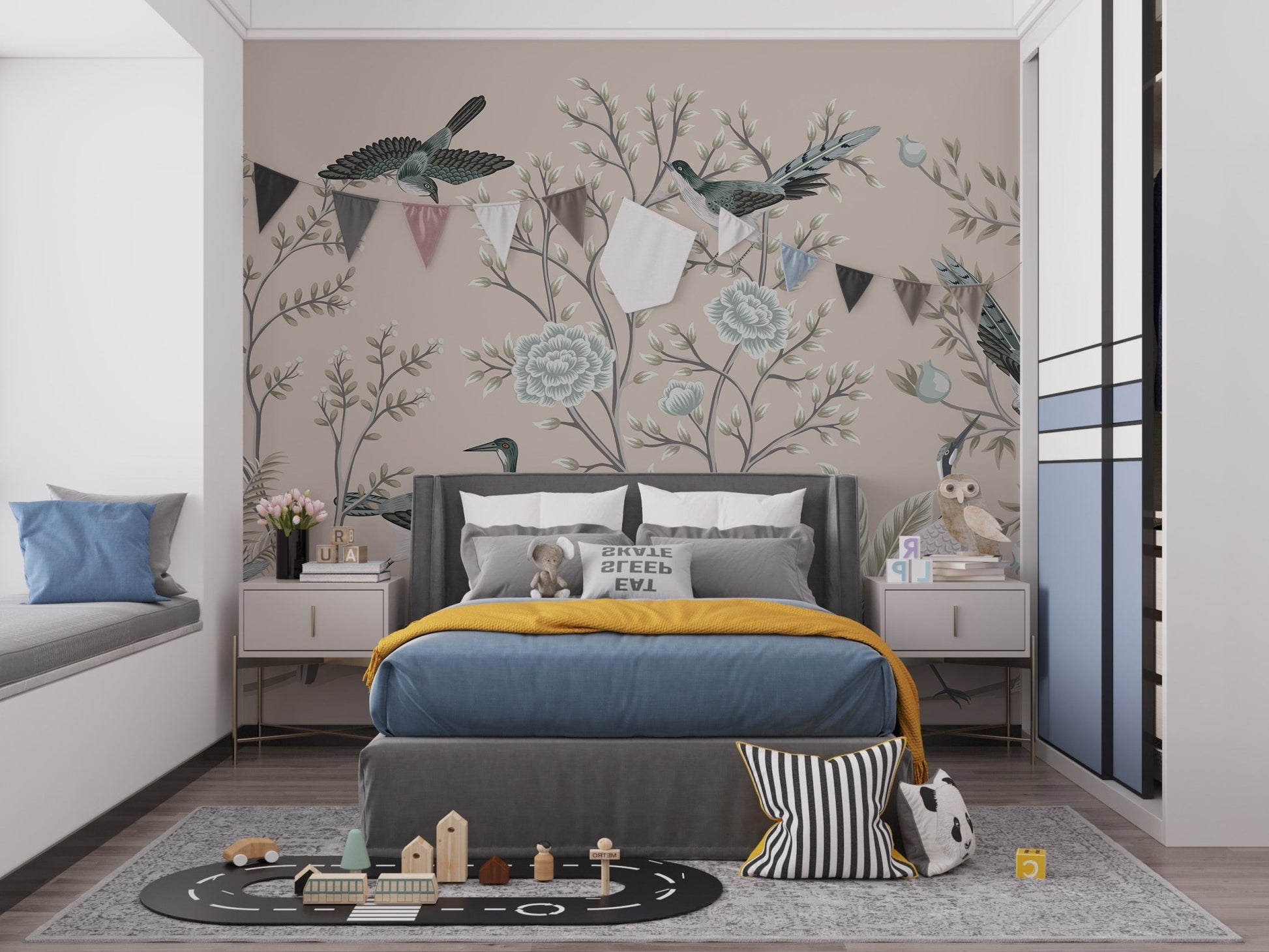 Kids bedroom decor with vintage floral garden and crane birds murals.