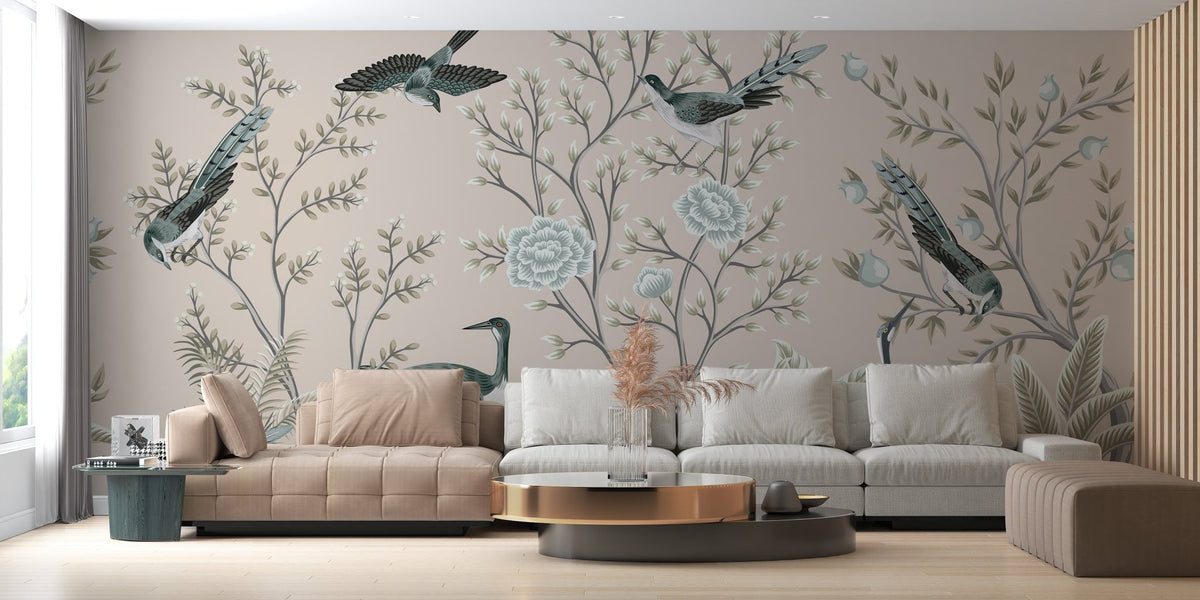 Vintage Floral Garden and Crane Birds Murals in a modern living room setting.