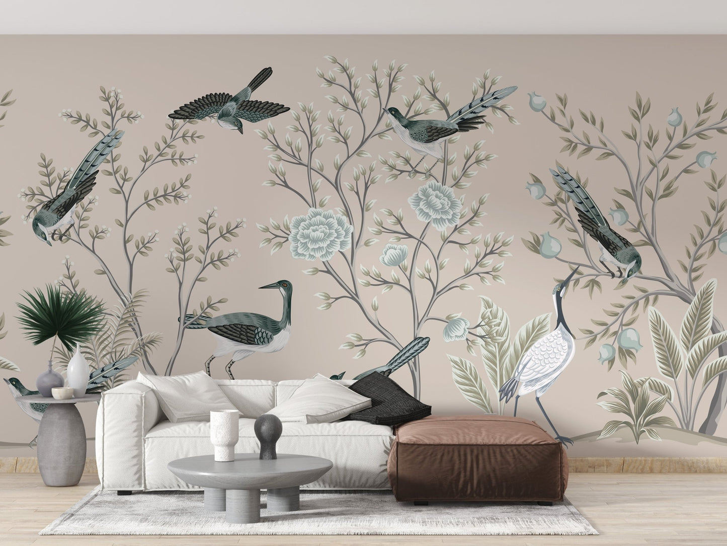 Crane birds and floral garden mural for classic living room wall decor