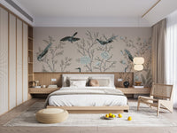 Bedroom wall mural featuring botanical branches and large bird illustrations.