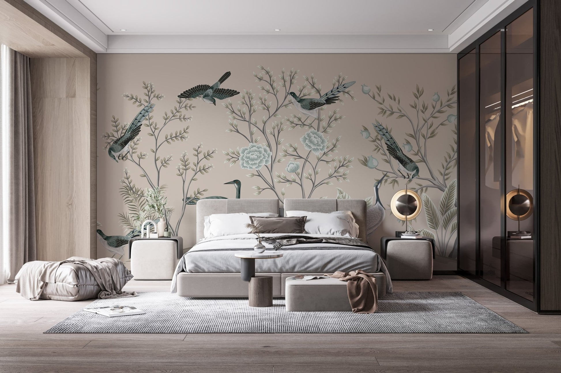 Detailed bird and branch mural used as a feature wall in a bedroom.
