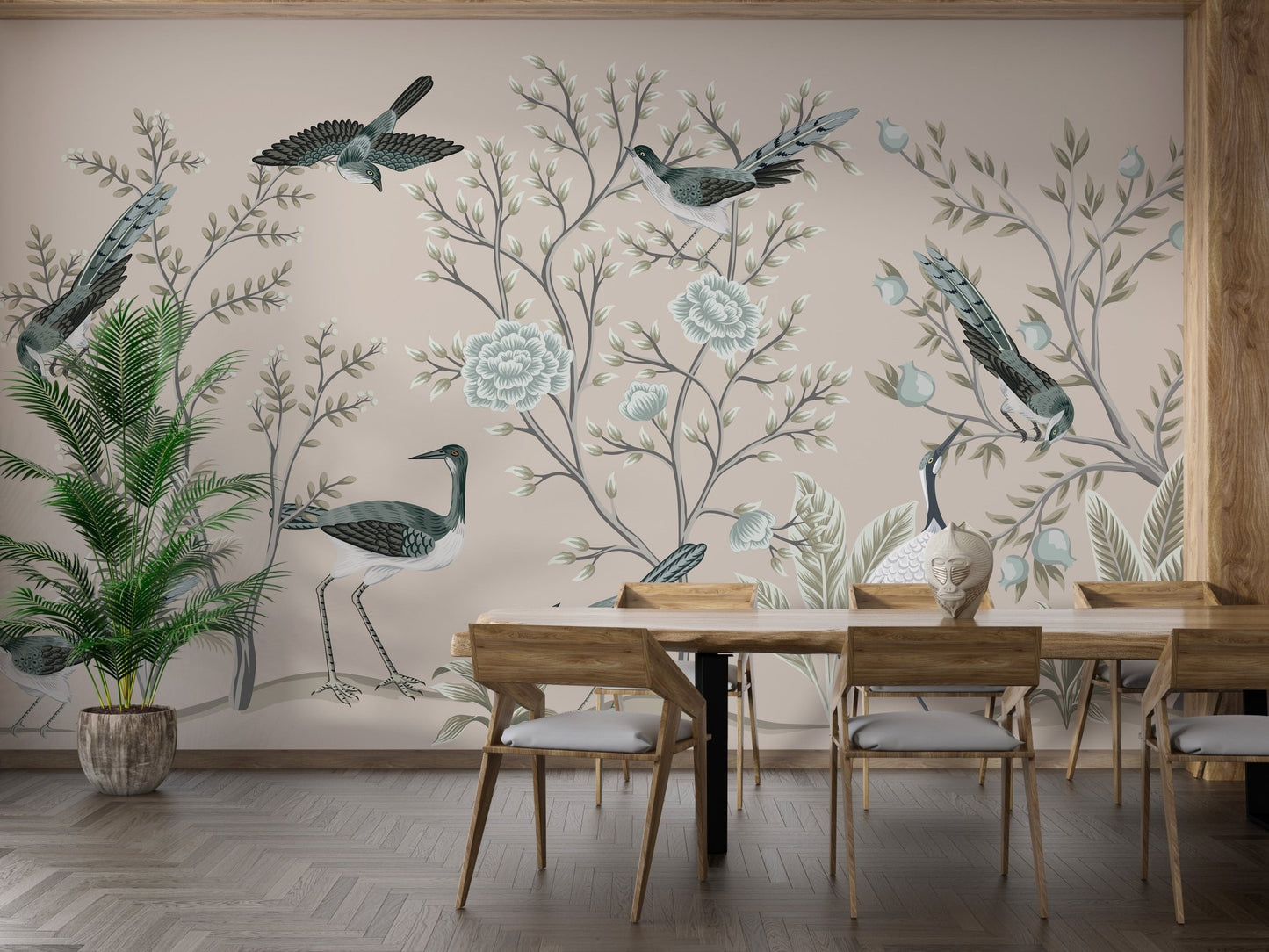 Minimalist dining area with a floral garden and crane birds wall mural.