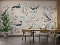 Minimalist dining area with a floral garden and crane birds wall mural.
