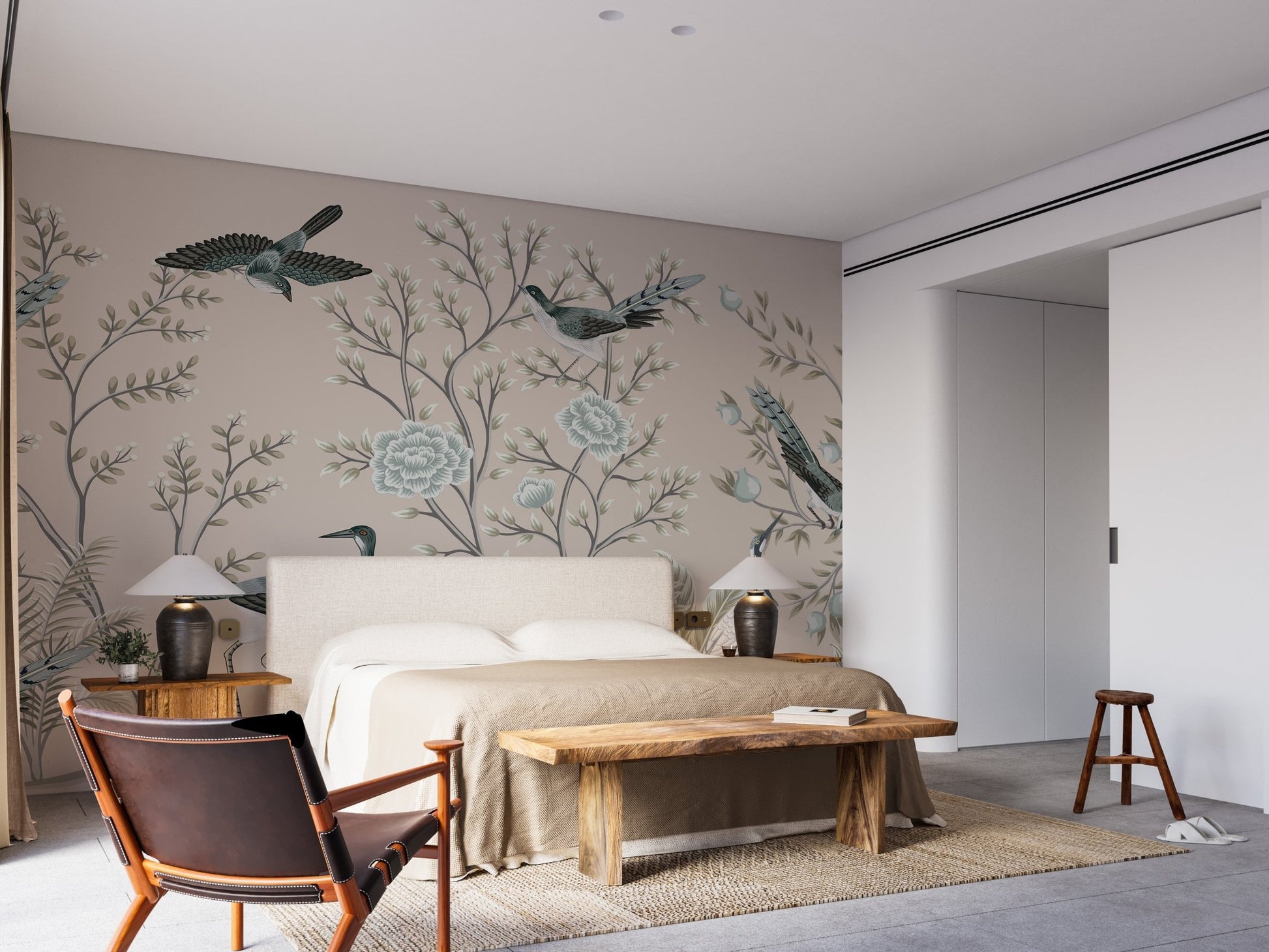 Master bedroom featuring a floral garden and crane birds wall mural design.