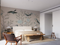 Master bedroom featuring a floral garden and crane birds wall mural design.