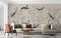 Neutral tone wall mural with grey crane birds and blue flowers in a living room.