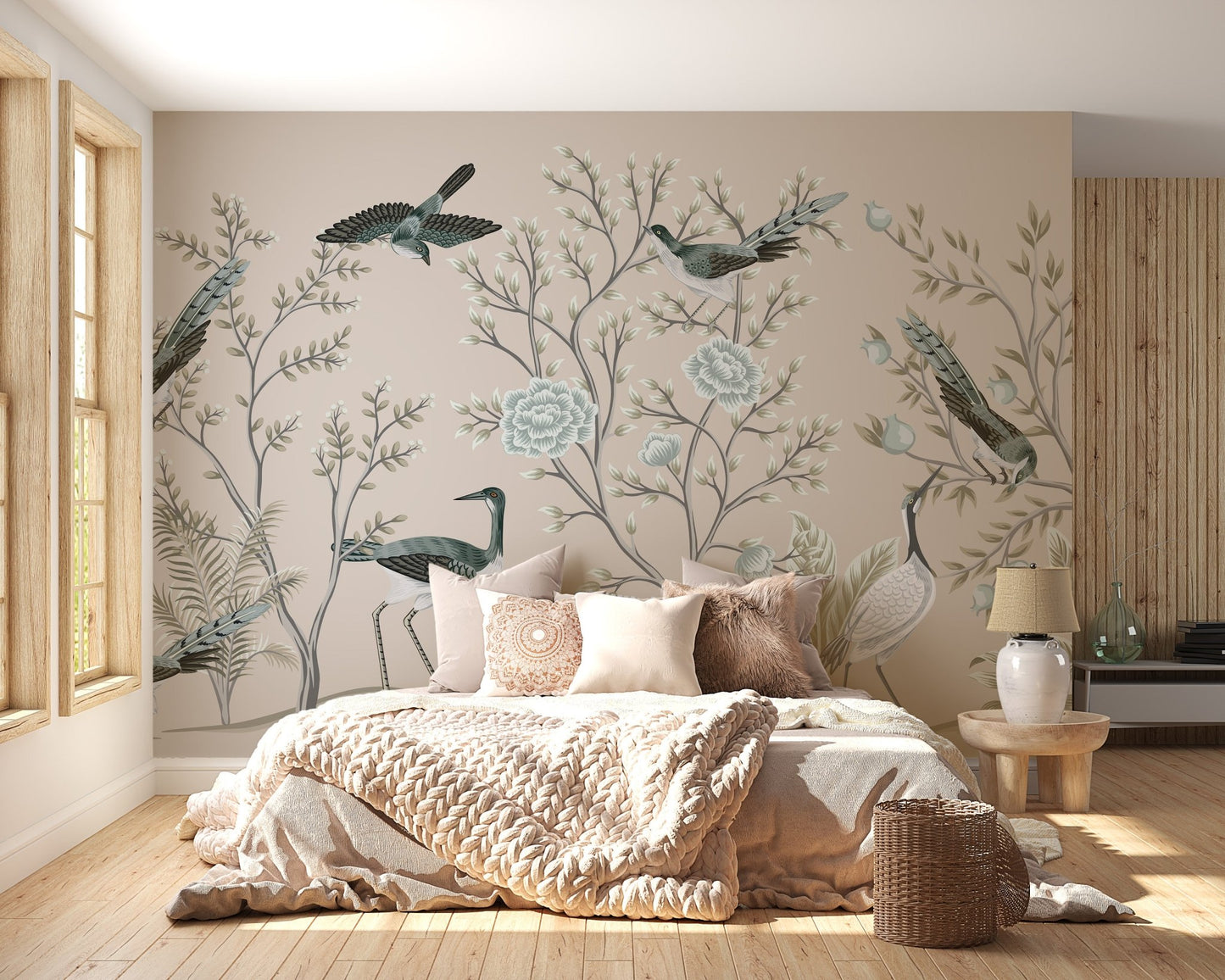 Soft beige wall mural with floral garden and crane birds for a guest room.
