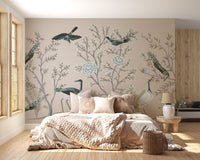 Soft beige wall mural with floral garden and crane birds for a guest room.
