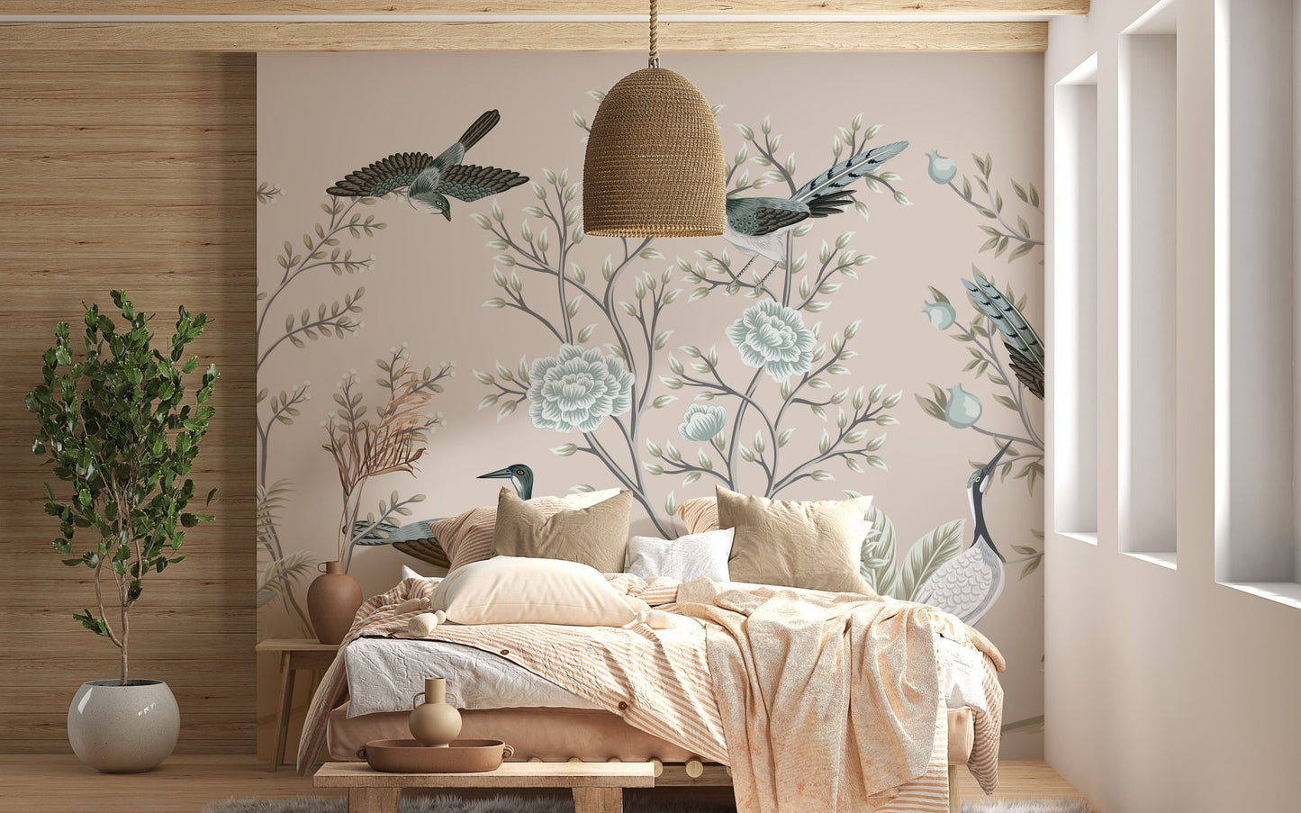 Crane birds and vintage floral mural for timeless bedroom interiors