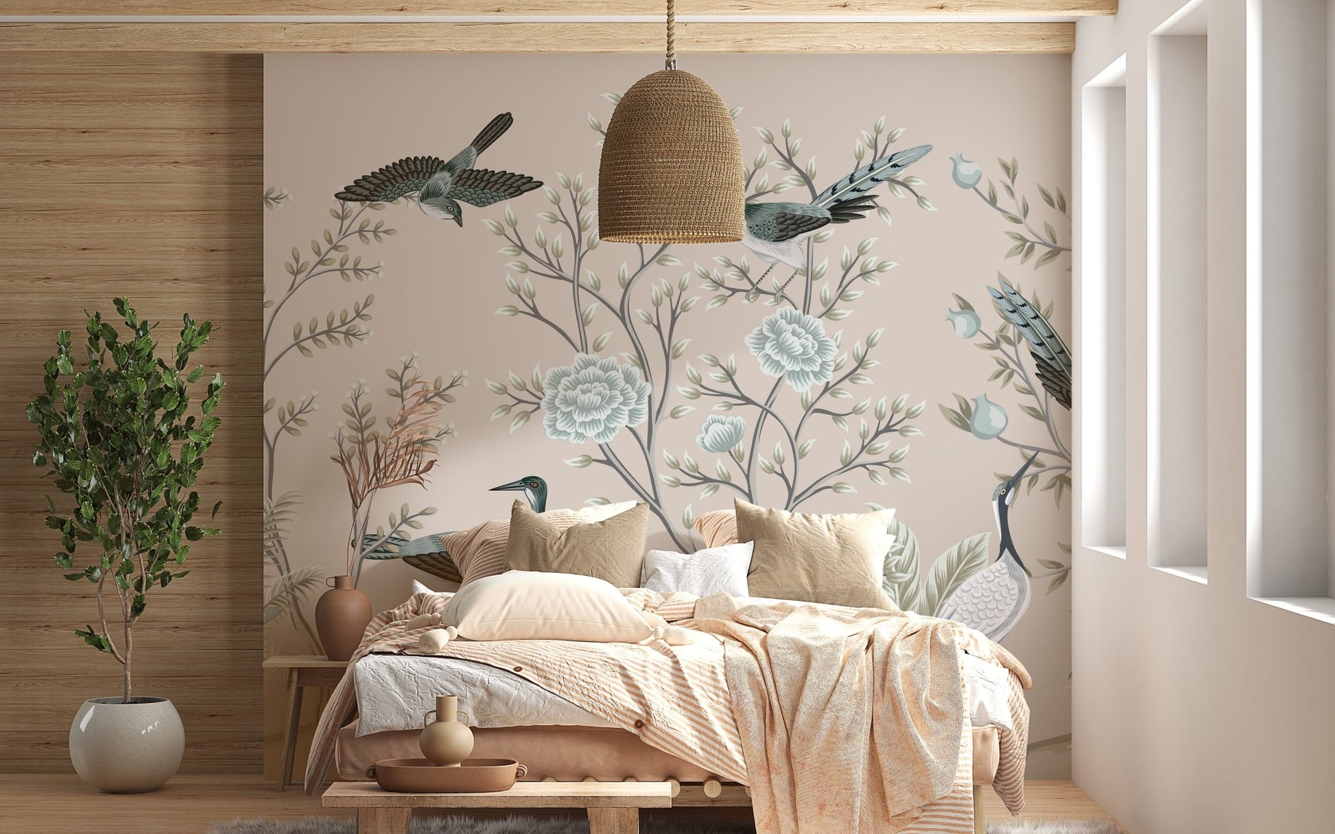Crane birds and vintage floral mural for timeless bedroom interiors