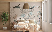 Crane birds and vintage floral mural for timeless bedroom interiors