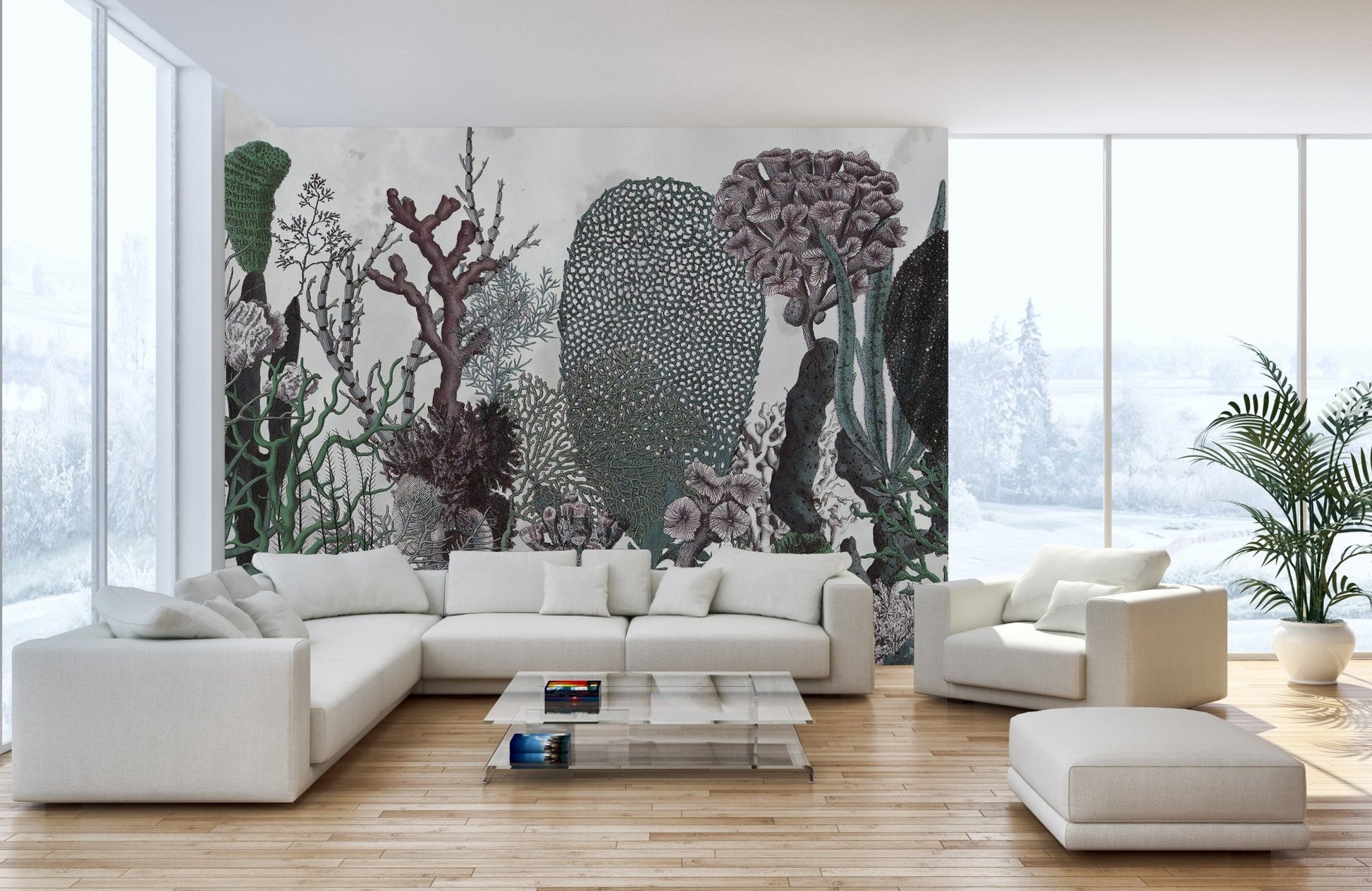 Large scale desert leaves wall mural in a minimalist apartment with white furniture.