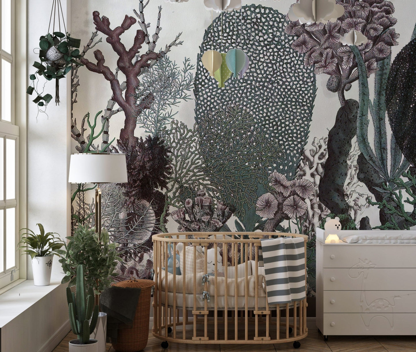 Vintage Floral Green Leaves Wall mural in a nursery with a wooden crib.