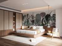 Vintage Floral Green Leaves Wall mural in a modern bedroom with wooden bed.