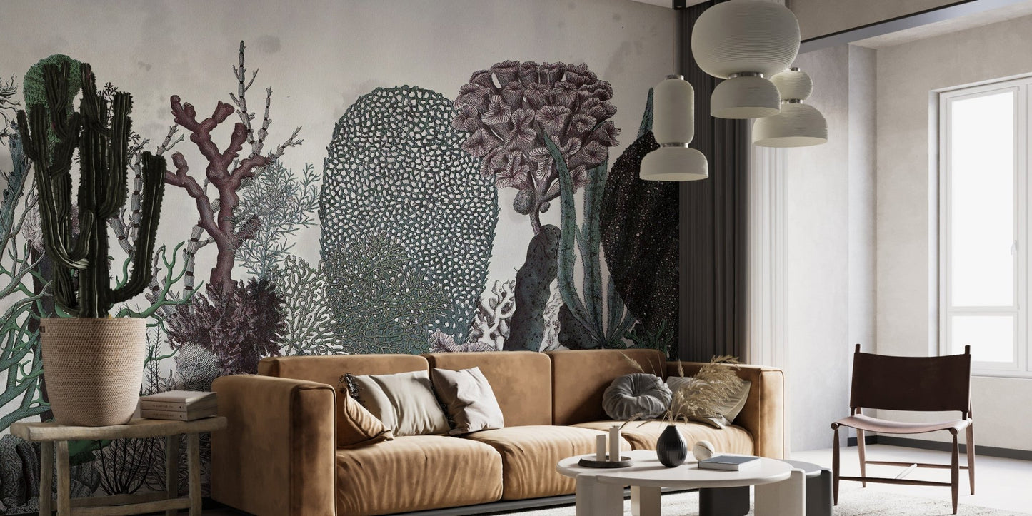 Vintage Floral Green Leaves Wall mural behind a tan leather couch in a study.