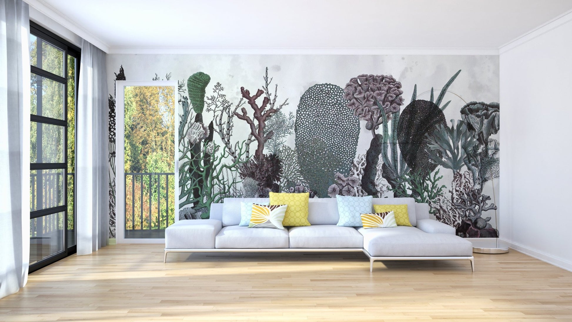 Abstract green cactus wall mural behind a white sectional sofa in a large living room.
