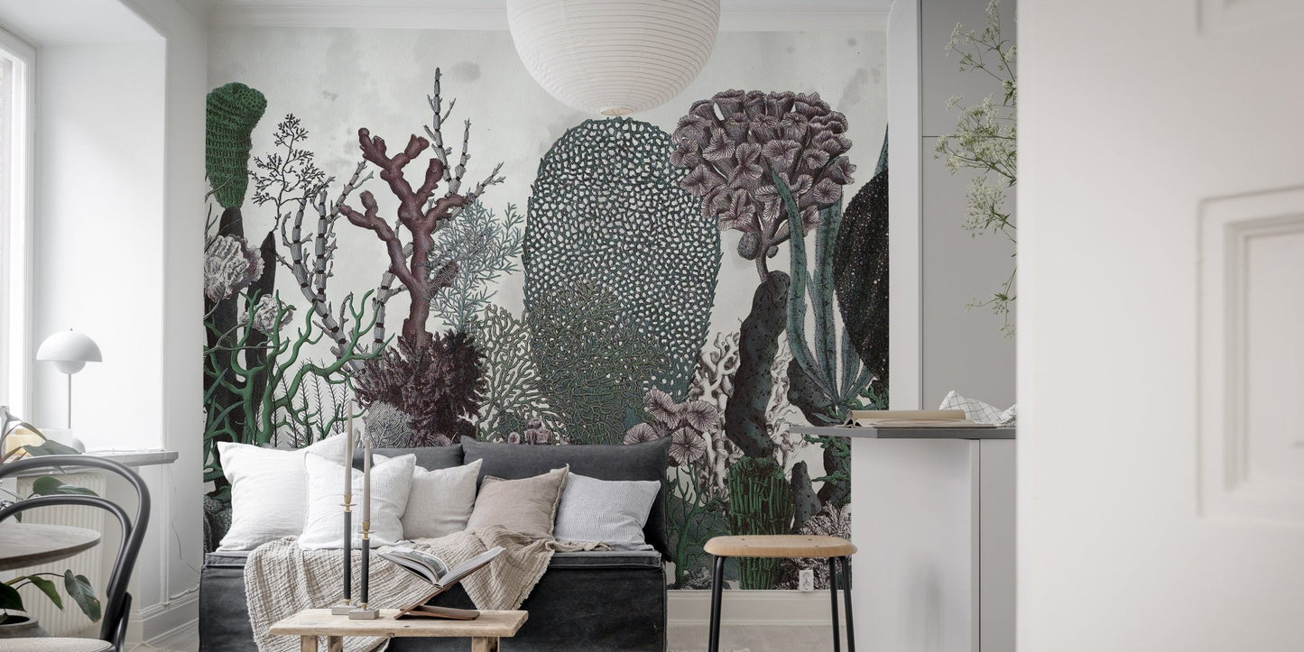 Modern floral wall mural with dark foliage in a bright flat with white doors.