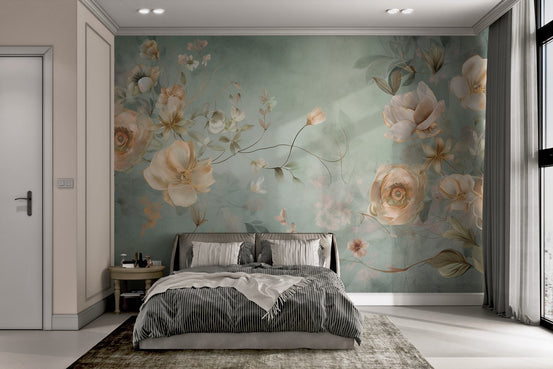 Vintage floral wallpaper mural with large peach roses and sage green background.
