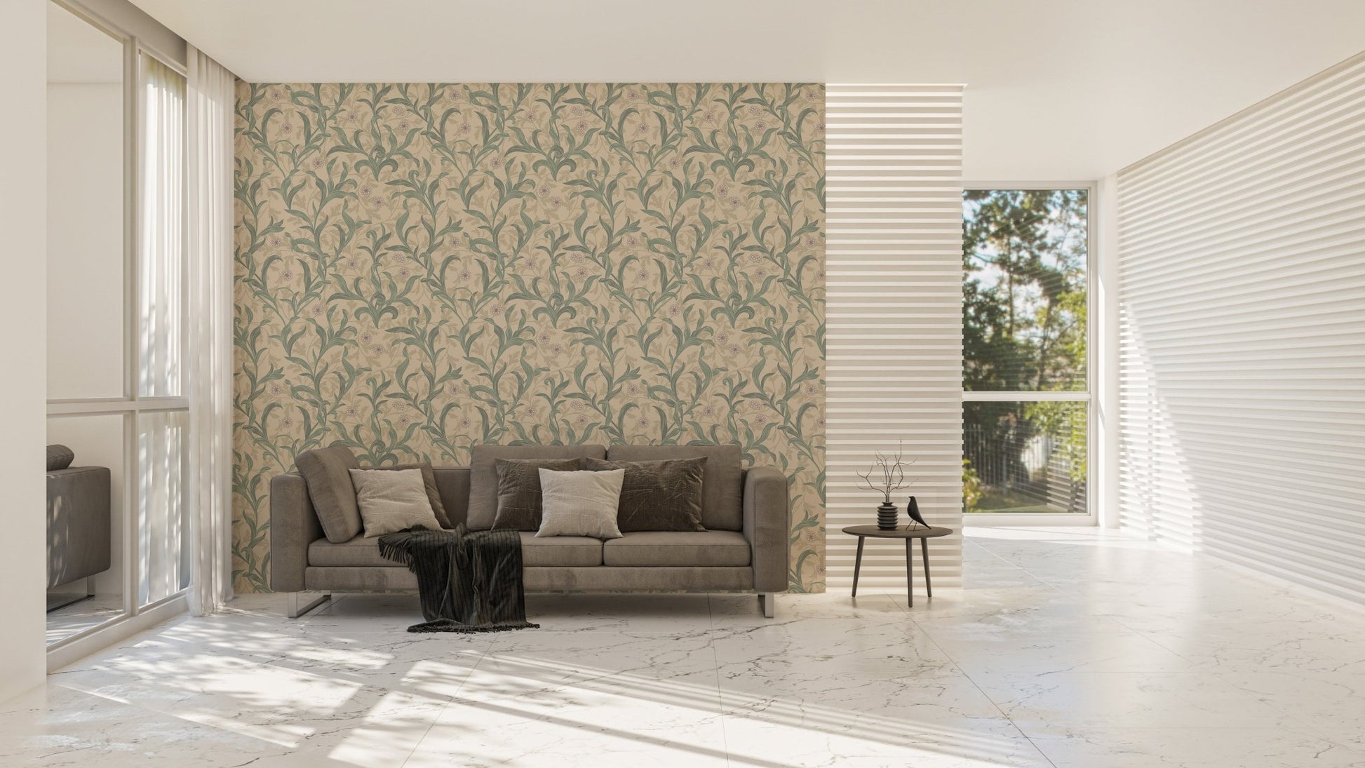 Modern sofa in a bright room with green floral vine wallpaper.
