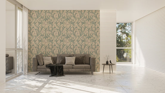 Modern sofa in a bright room with green floral vine wallpaper.